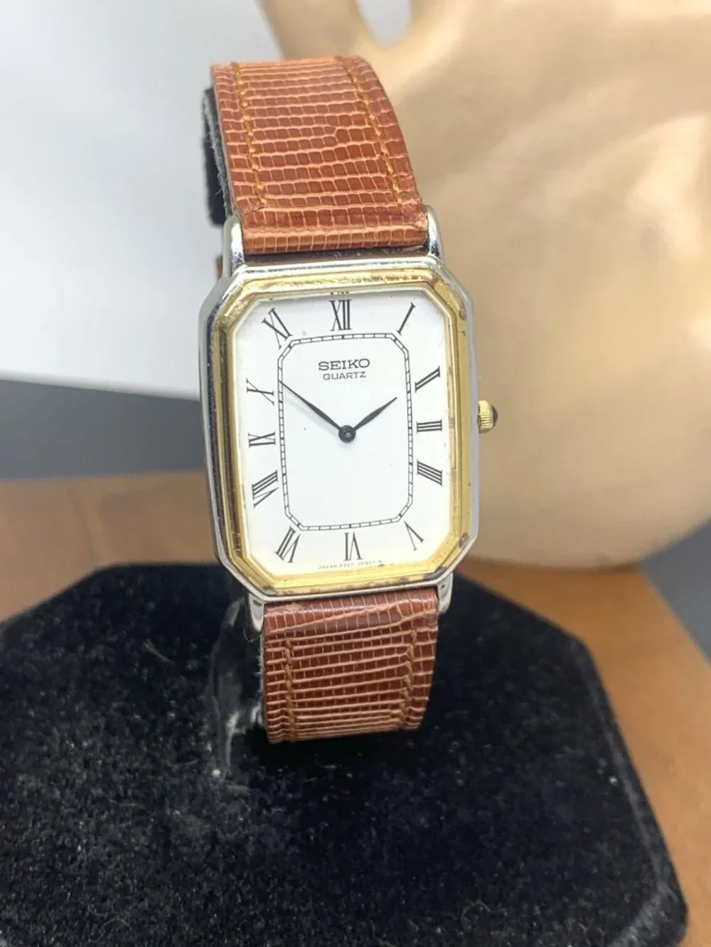 Seiko Watch 2320-6380 Quartz Tank Two Tone Case Brown Leather Strap 1981 25mm